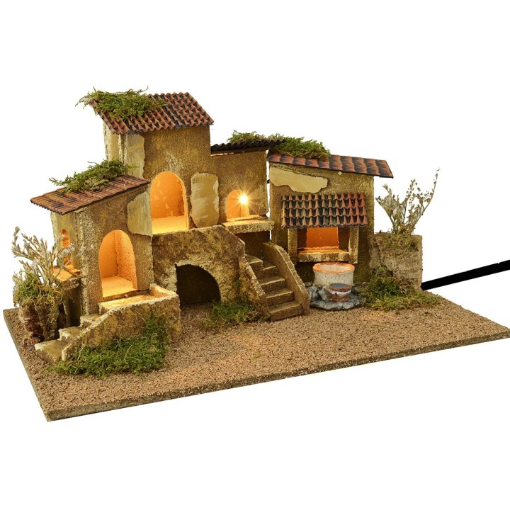 Gruppo di case con pozzo illuminate a corrente cm 47x32x24,5 h