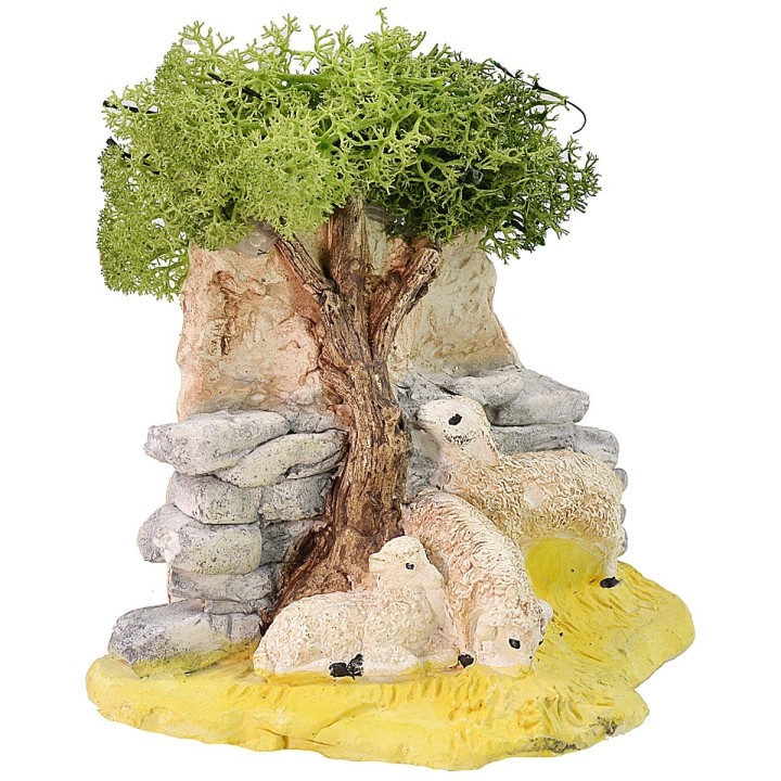 Rebaño de ovejas en el pastoreo con árbol para belén cm 12x8x13