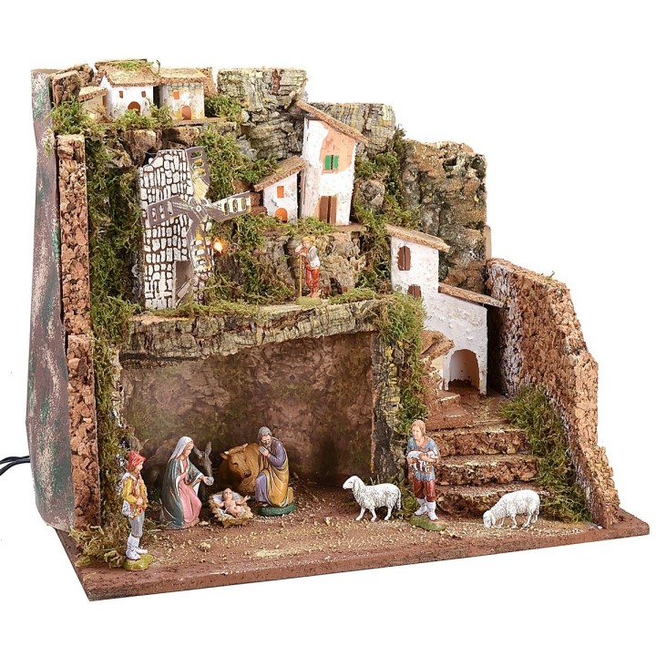 Pesebre iluminado con molino de viento de 45x30x37,5 cm h