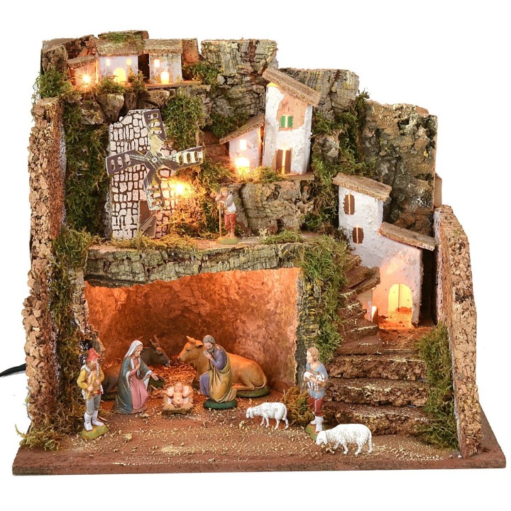 Illuminated nativity scene with windmill cm 45x30x37.5 h