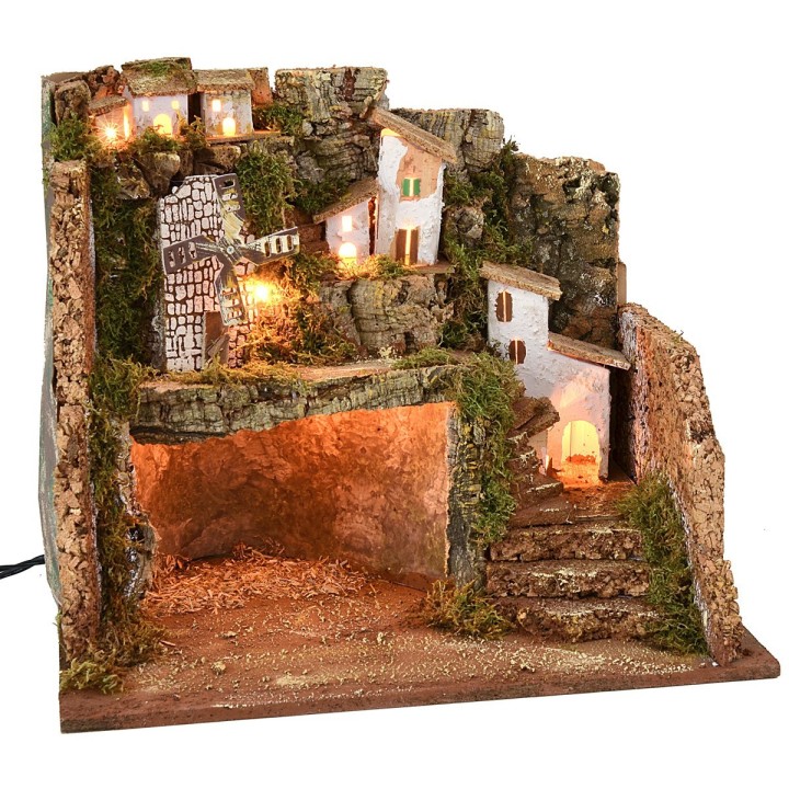 Pesebre iluminado con molino de viento de 45x30x37,5 cm h