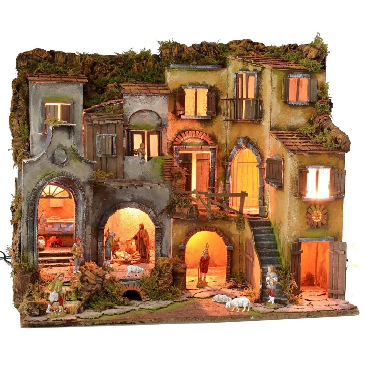 Belén napolitano iluminado completo con estatuas Landi y horno