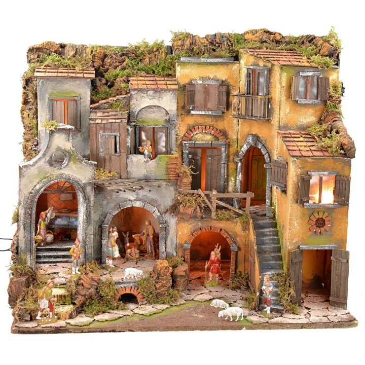 Illuminated Neapolitan nativity scene complete with Landi