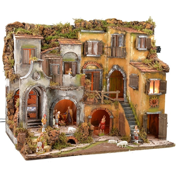 Illuminated Neapolitan nativity scene complete with Landi