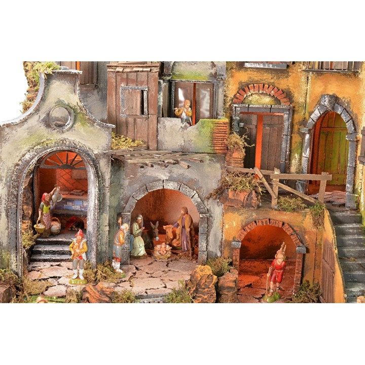 Illuminated Neapolitan nativity scene complete with Landi