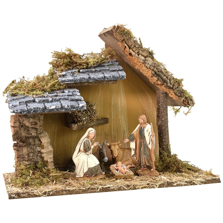 Cabaña pesebre cm 32x17x24,6 h con Natividad serie Landi cm 10