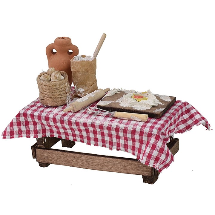Mesa de madera con mantel y alimentos cm 9,5x5x8,5 h