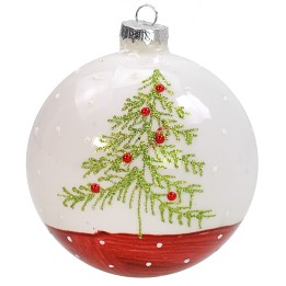 Red-white bauble with Christmas tree ø 10 cm