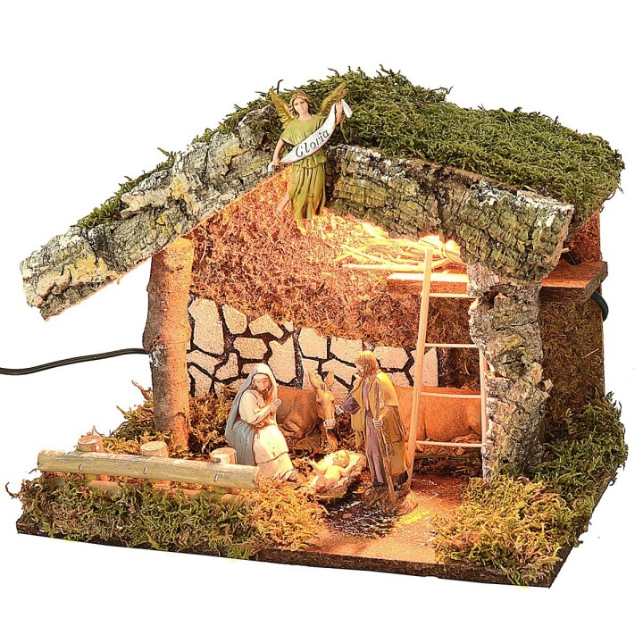 Capanna con luce completa di Natività serie 10 cm Landi