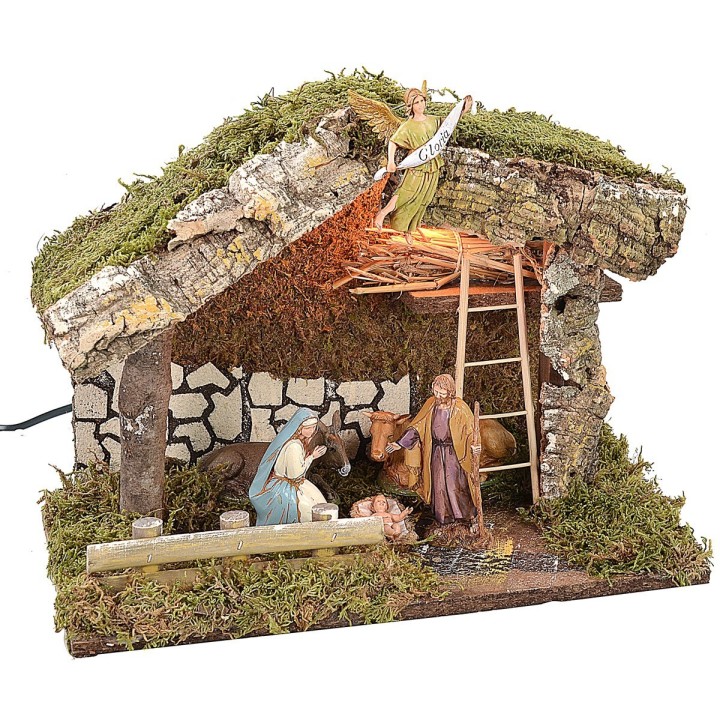 Capanna con luce completa di Natività serie 10 cm Landi