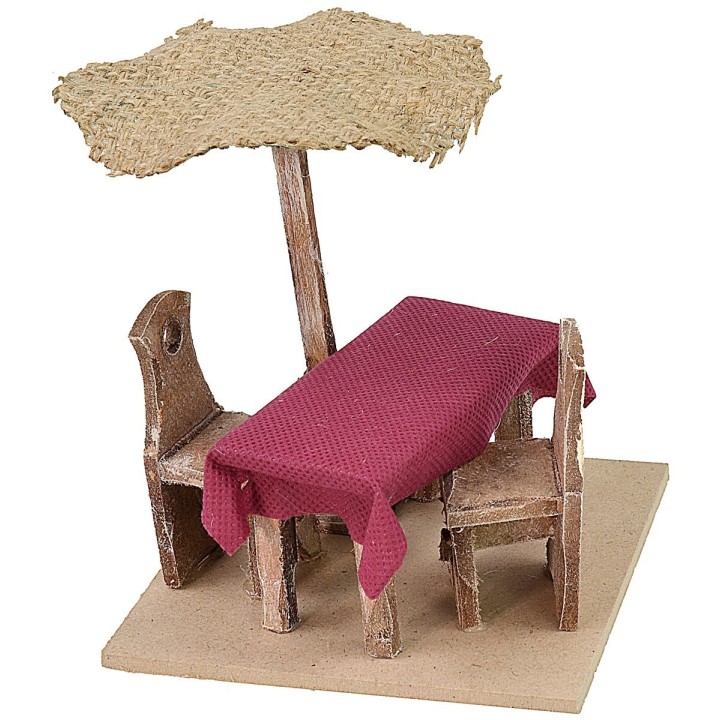 Tavolo in legno cm 12x12x12 h con sedie e ombrellone per statue