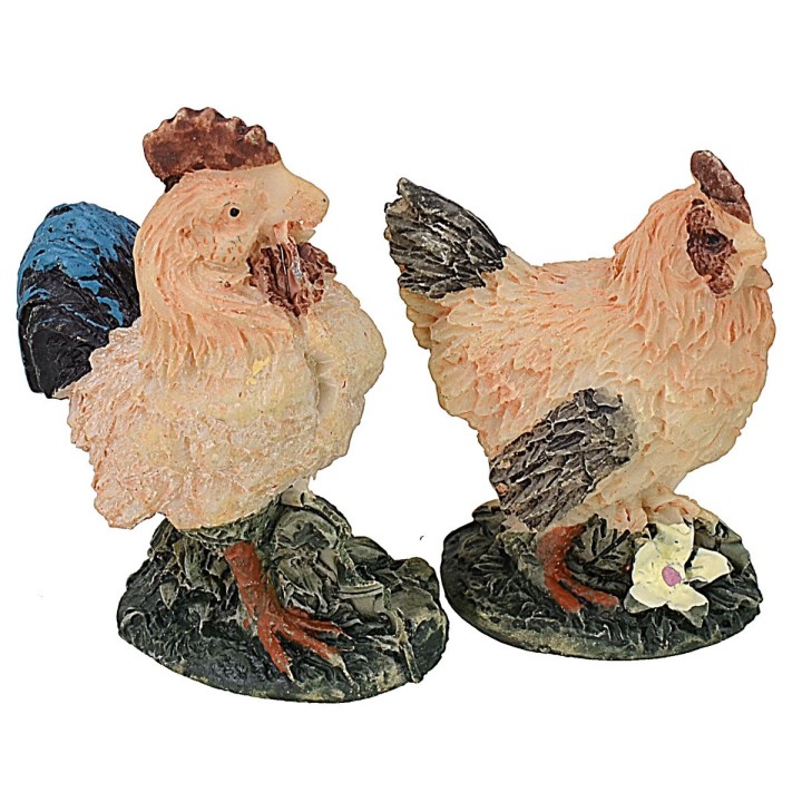Rooster and hen resin set cm 5x3x6,5 h