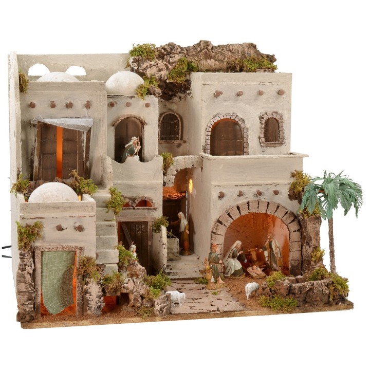 Illuminated Arab nativity scene with functioning fountain