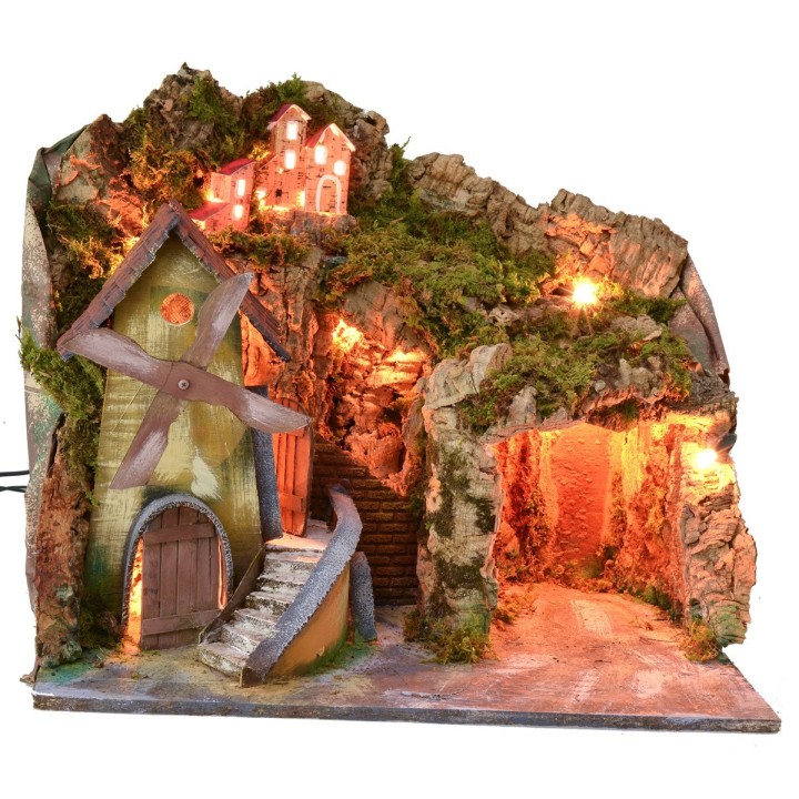 Paesaggio illuminato con grotta e mulino funzionante a corrente