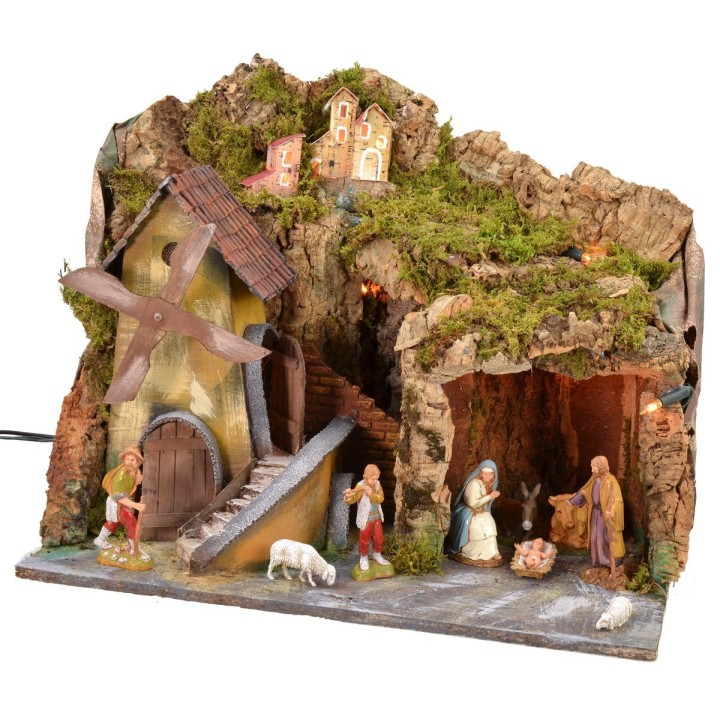 Presepe illuminato con grotta e mulino funzionante a corrente