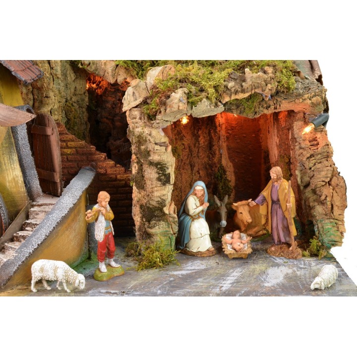 Presepe illuminato con grotta e mulino funzionante a corrente