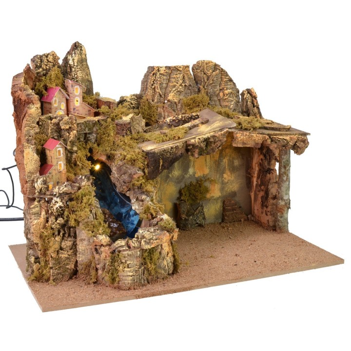 Presepe con paesaggio, luci e cascata funzionante cm 45x30x34 h
