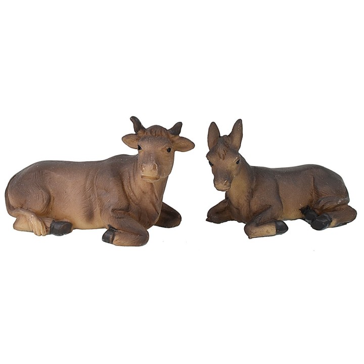 Set bue e asino in resina per Natività 8 cm