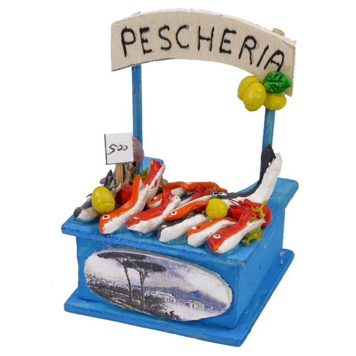 Puesto de pescadería con letrero de 6x6x9 cm h