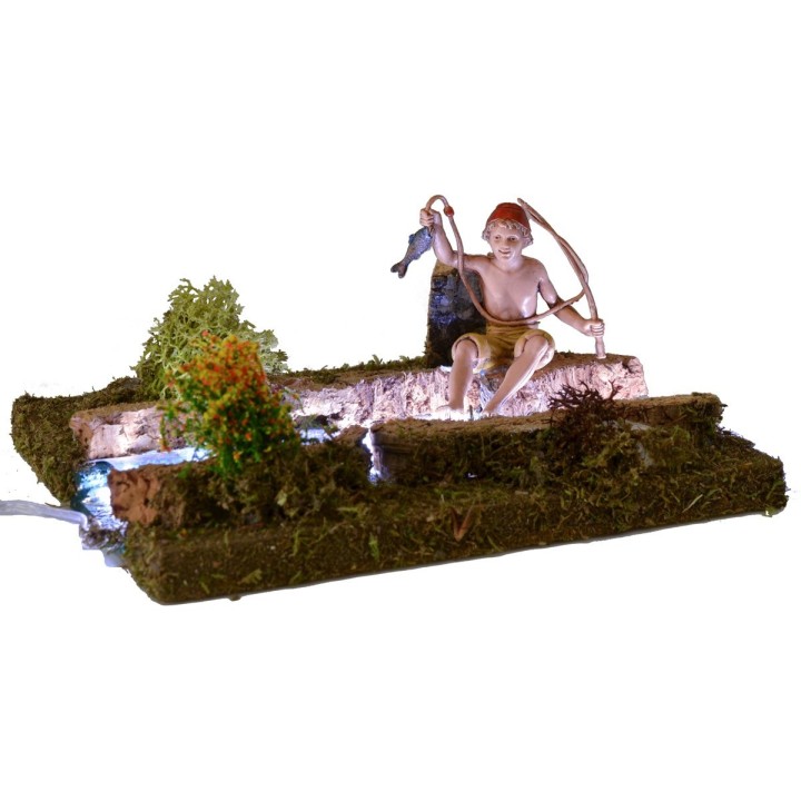Tramo de río iluminado con pescador cm 16,5x13,5
