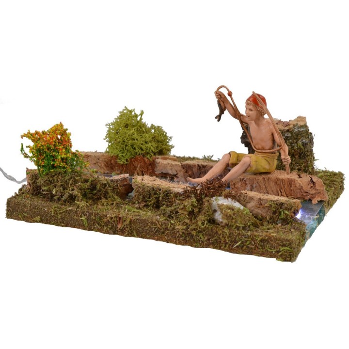 Tramo de río iluminado con pescador cm 16,5x13,5
