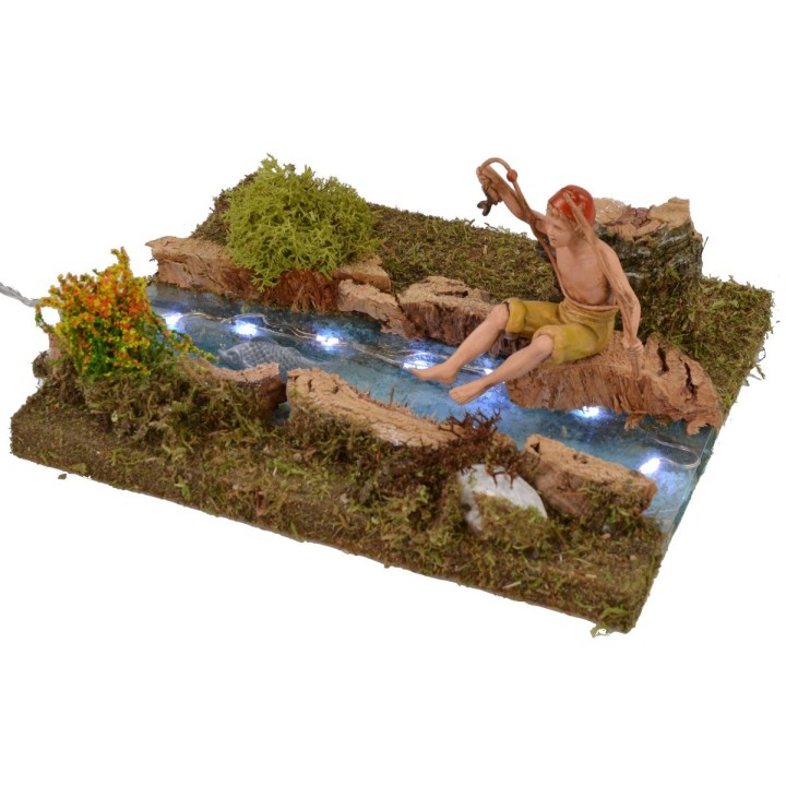 Tratto di fiume illuminato con pescatore cm 16,5x13,5