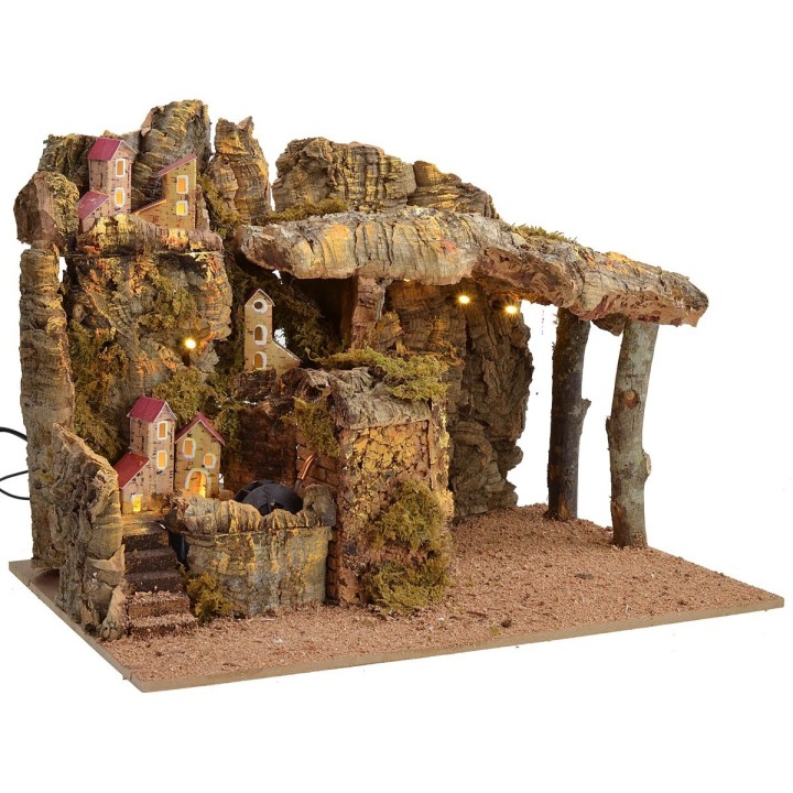 Pesebre iluminado con molino de agua funcional de 45x31x33,5 cm