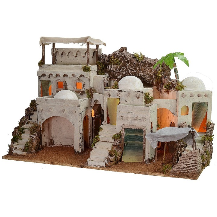 Illuminated Arab nativity scene with functioning bivouac