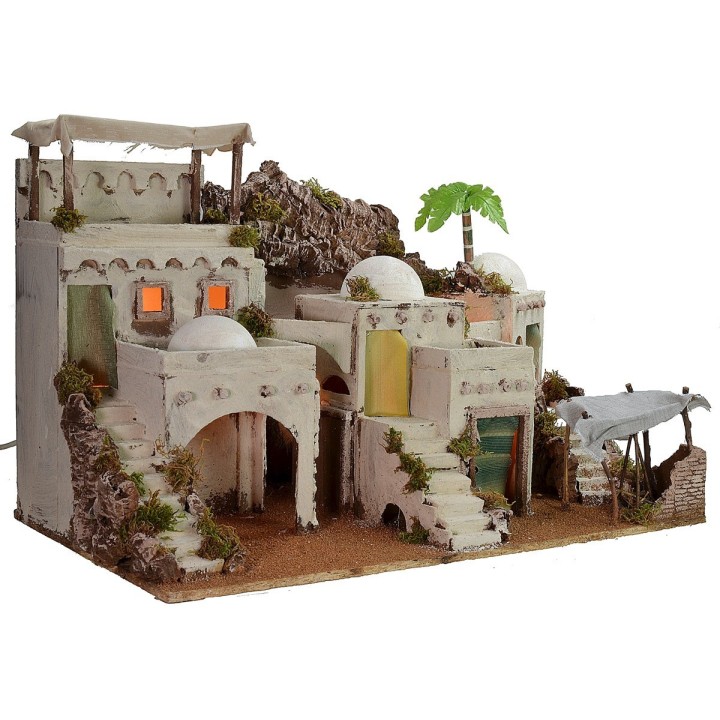 Illuminated Arab nativity scene with functioning bivouac