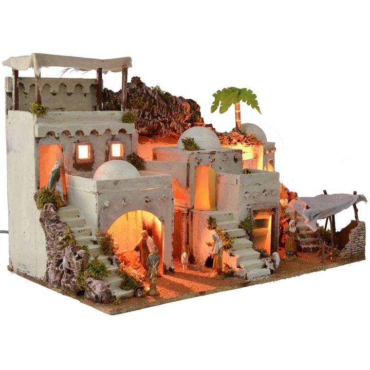 Presepe arabo illuminato con bivacco funzionante completo di