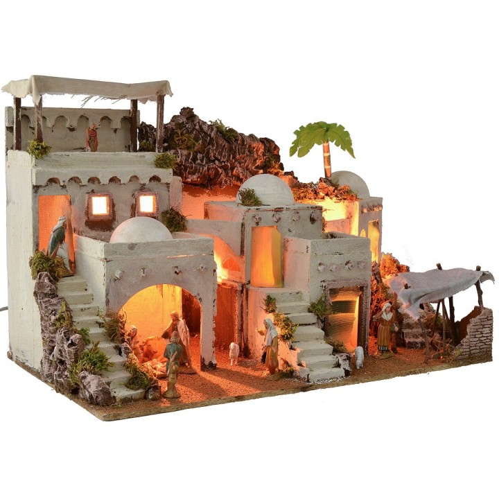 Illuminated Arab nativity scene with functioning bivouac