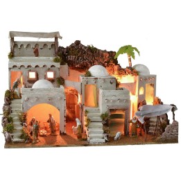 Illuminated Arab nativity scene with functioning bivouac