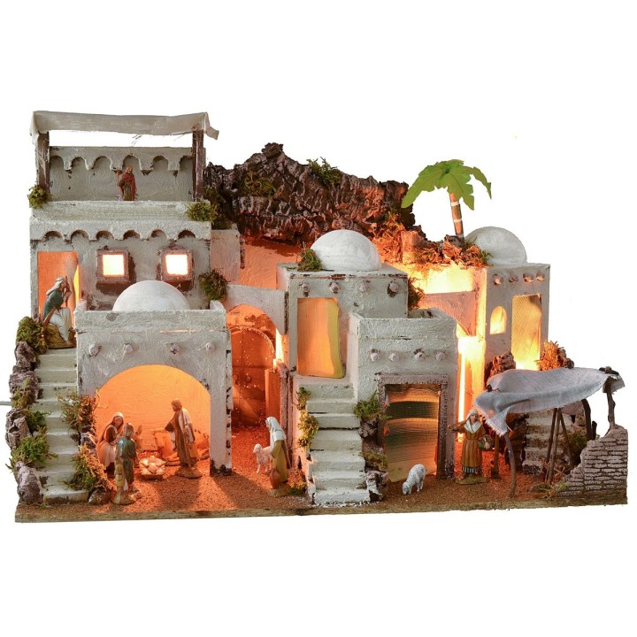 Presepe arabo illuminato con bivacco funzionante completo di