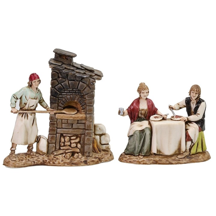 Set 2 scene Landi Moranduzzo 8 cm fornaio e coppia al tavolo