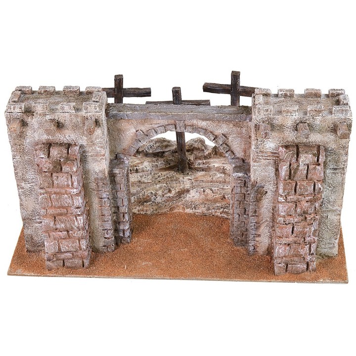 Ambientazione della Crocifissione con facciata di fortezza