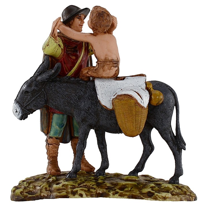 Hombre de pie y niño sobre burro 10 cm Landi Moranduzzo