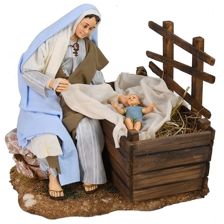 Natività 30 cm Pigini Maria con culla e San Giuseppe in piedi