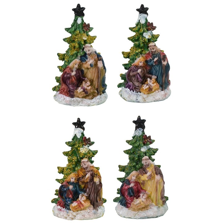 Set 4 Natività 5,5 cm in resina con albero cm 5,7x5,6x10,2 h