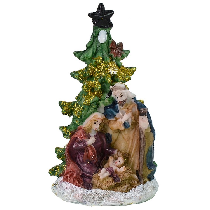 Set 4 Natività 5,5 cm in resina con albero cm 5,7x5,6x10,2 h