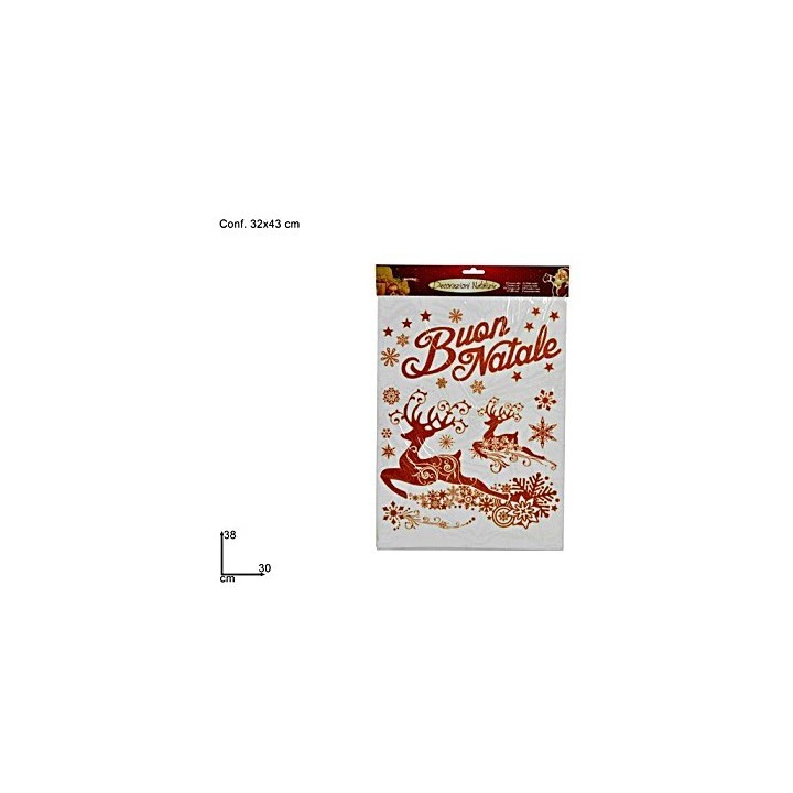 "Merry Christmas" red window sticker with reindeer cm 30x38 h