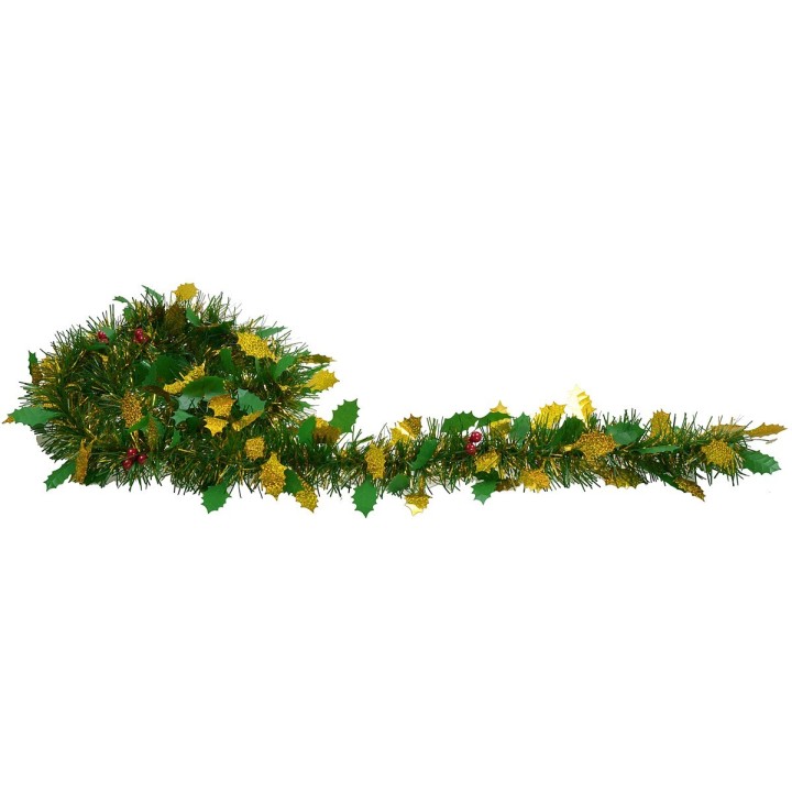Guirnalda navideña con hojas doradas y bayas 200 cm