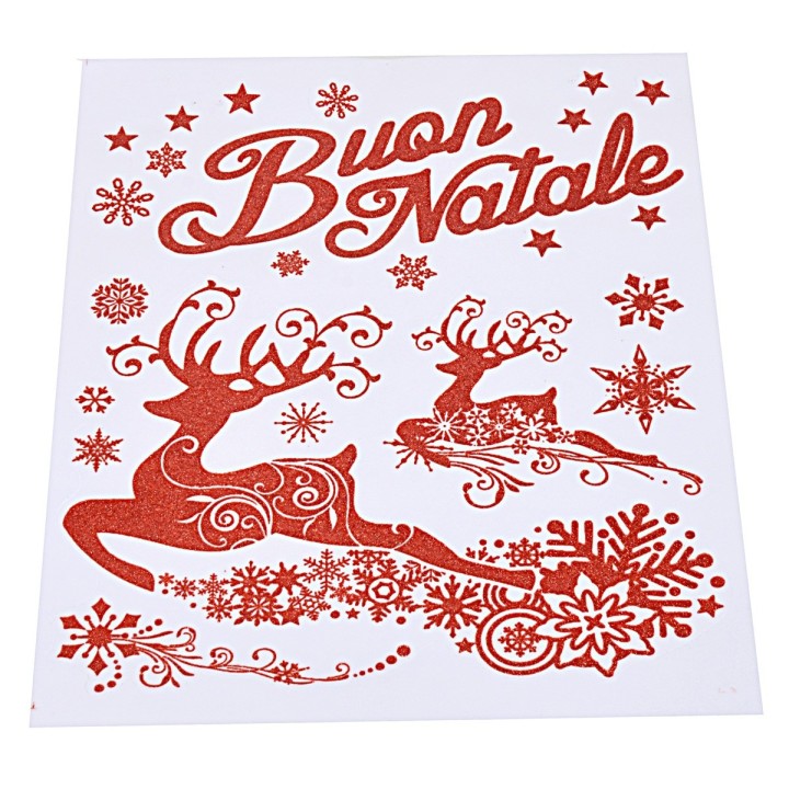 "Merry Christmas" red window sticker with reindeer cm 30x38 h