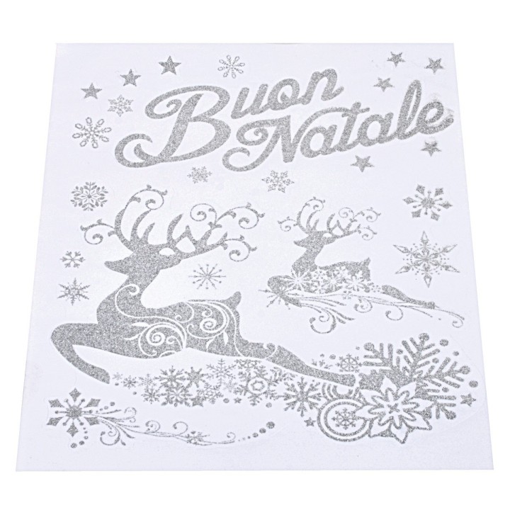 Vinilo decorativo plateado "Feliz Navidad" con renos de 30x38