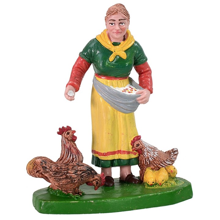 Peasant woman with colored hens 12 cm in pvc