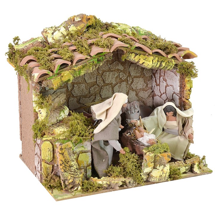 Illuminated hut with moving Nativity series 12 cm