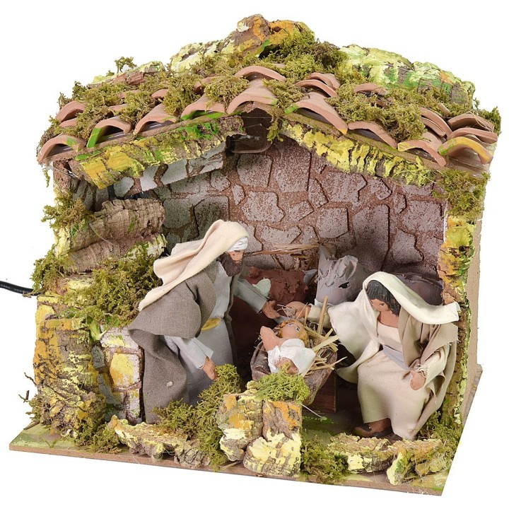 Illuminated hut with moving Nativity series 12 cm
