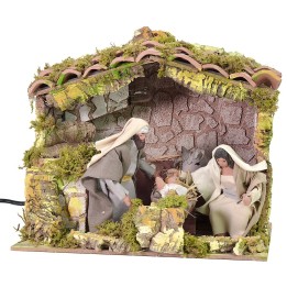 Illuminated hut with moving Nativity series 12 cm