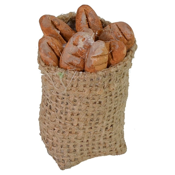 Saco de yute con pan de 6 cm de altura.