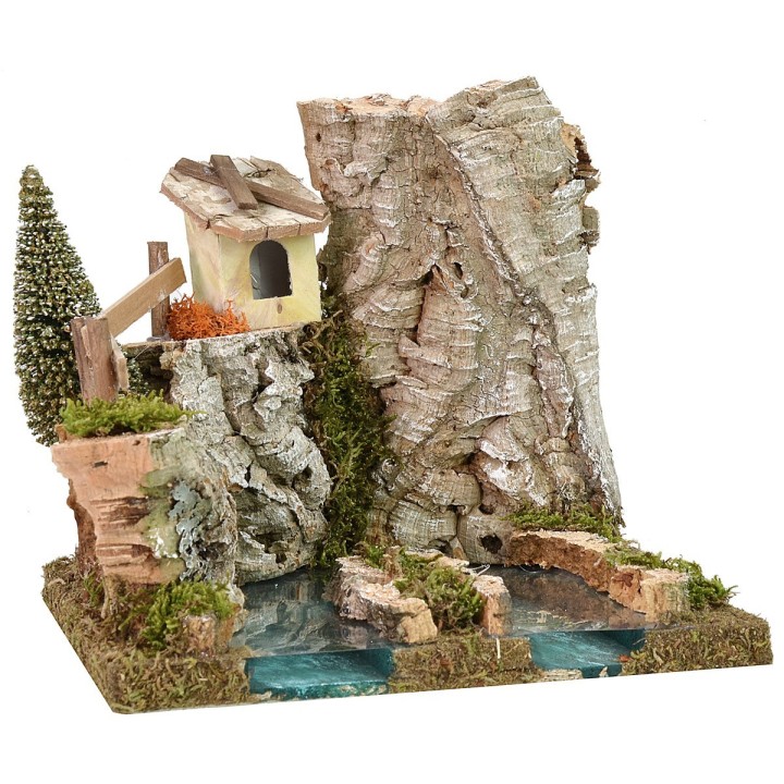 Depth effect river source with hut 18x16x15 cm