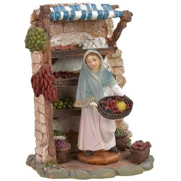 Tienda en resina con vendedora de frutas cm 12,5x8,5x16,5 h